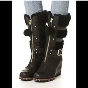 Sorel Helen Holiday wedge zip front Black Winter Boots with Tan Soles